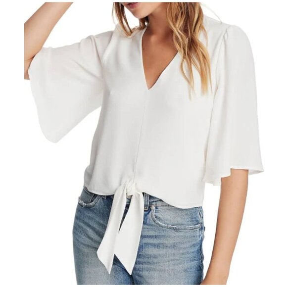 1.STATE Tie Front V-neck Top In Soft Ecru szS - Picture 1 of 14